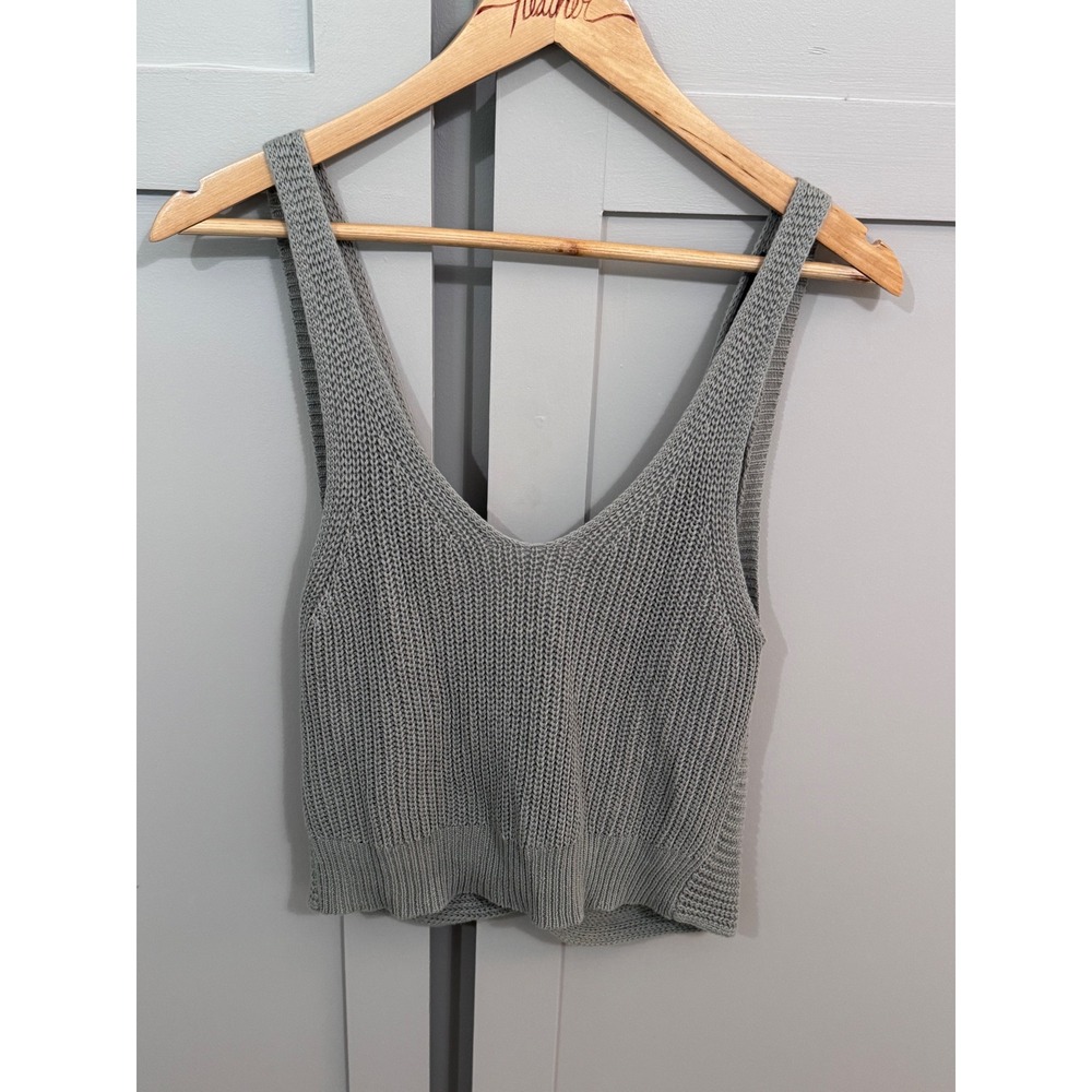 Lulus Sage Green Cotton Knit Twist Back V-Neck Sleeveless Crop Tank Top Small